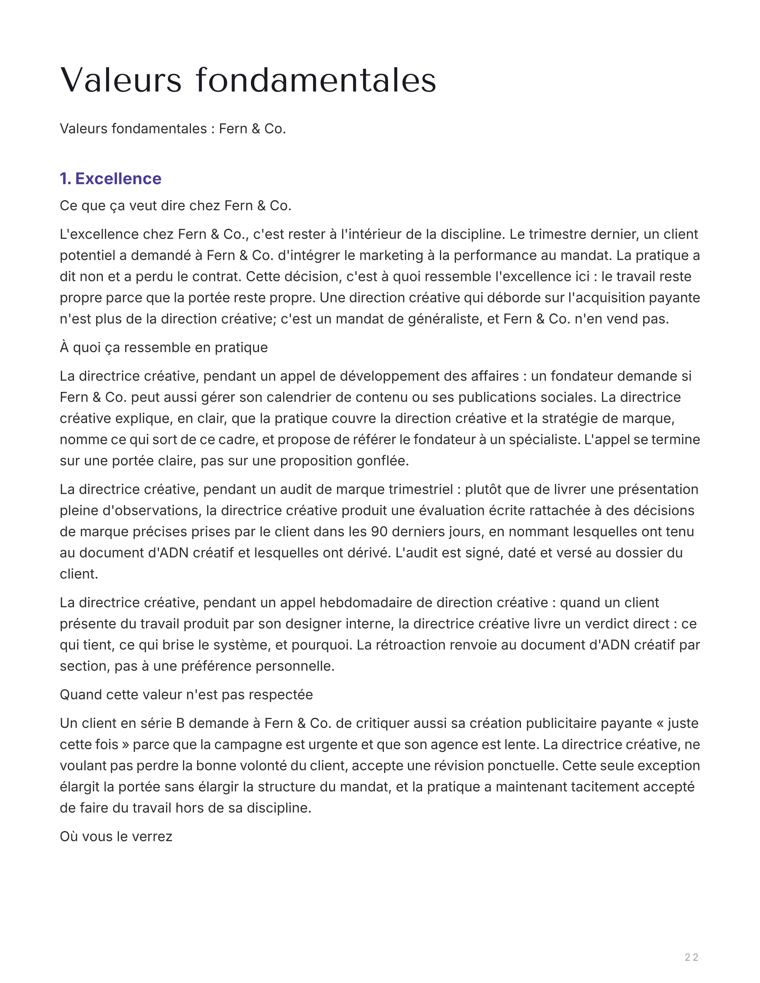 Section valeurs fondamentales avec ce que chaque valeur signifie et où on la voit