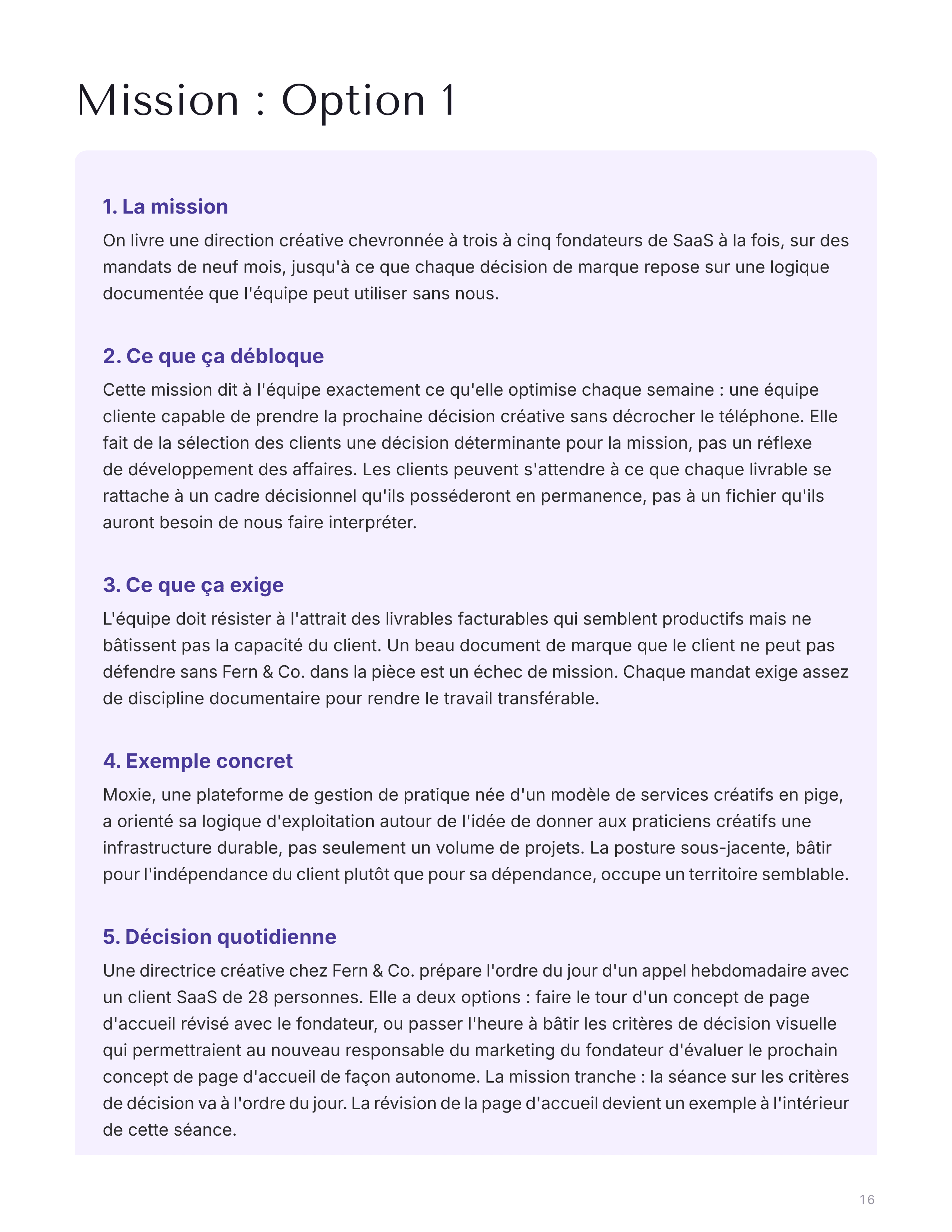 Section mission avec l'énoncé et la décision quotidienne qu'il oriente