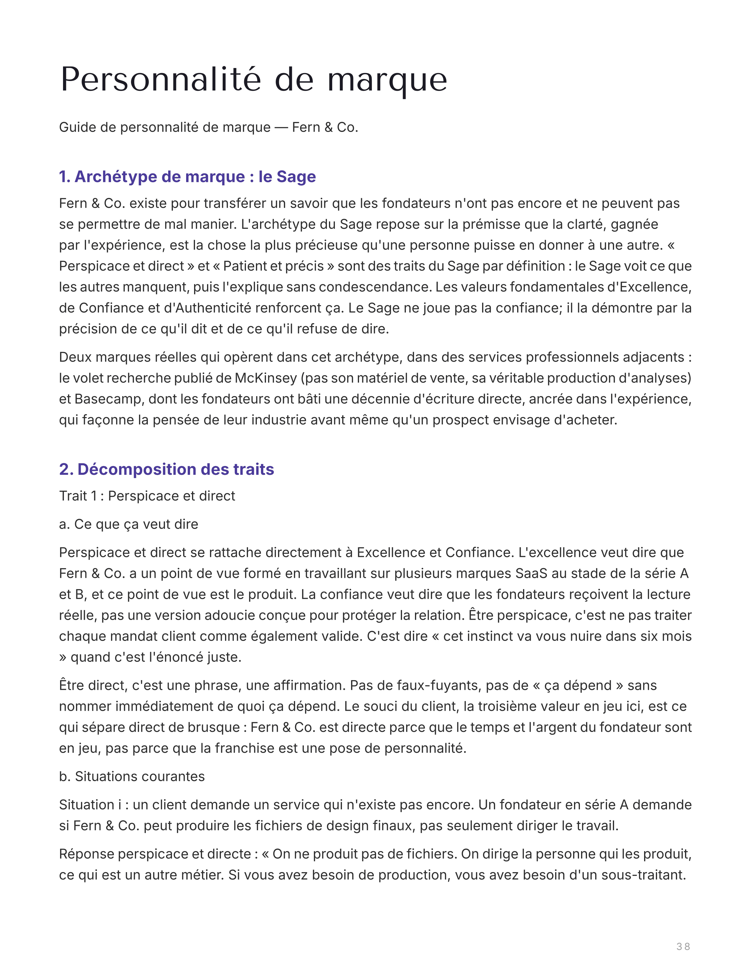Section personnalité de marque avec l'archétype et les traits de voix