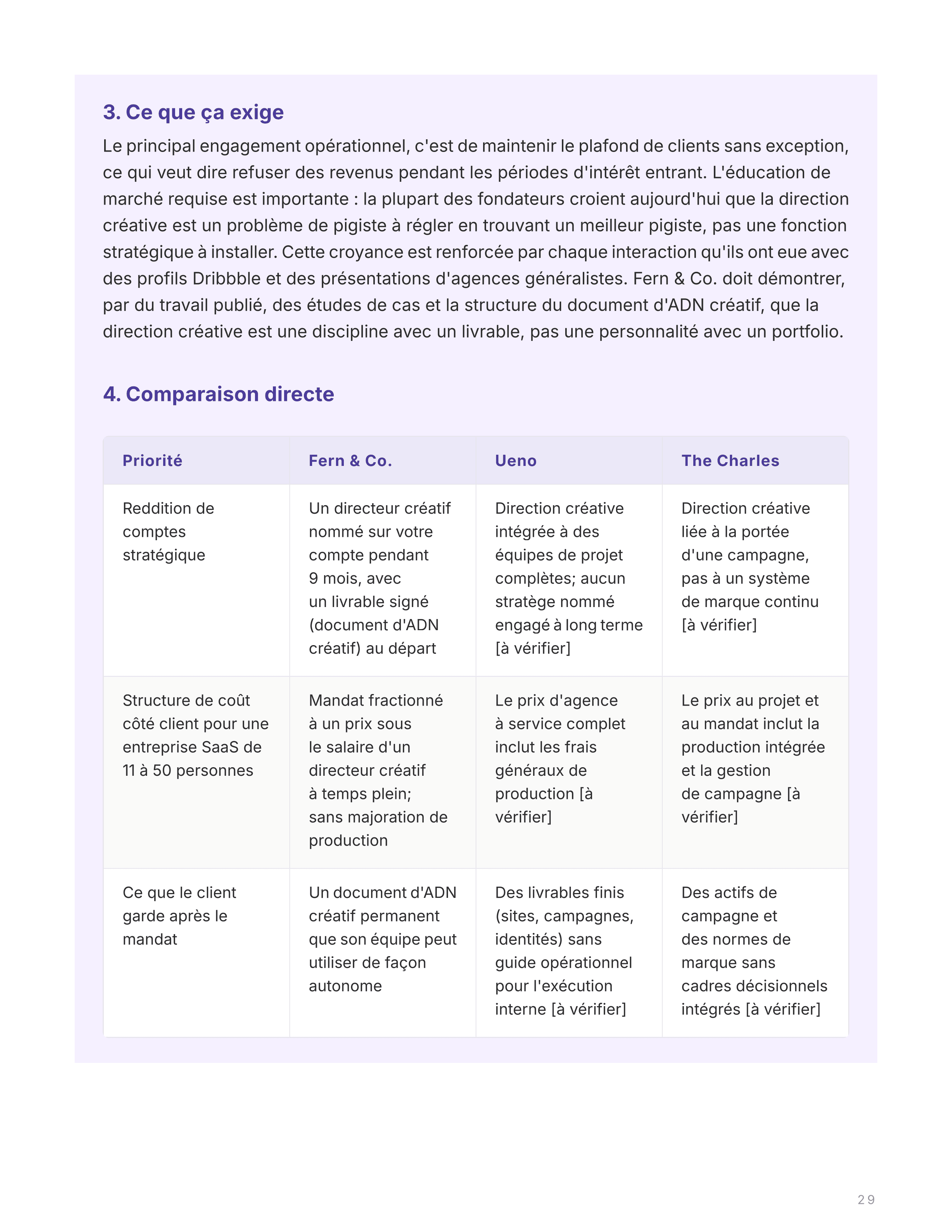 Section positionnement avec un tableau comparatif côte à côte