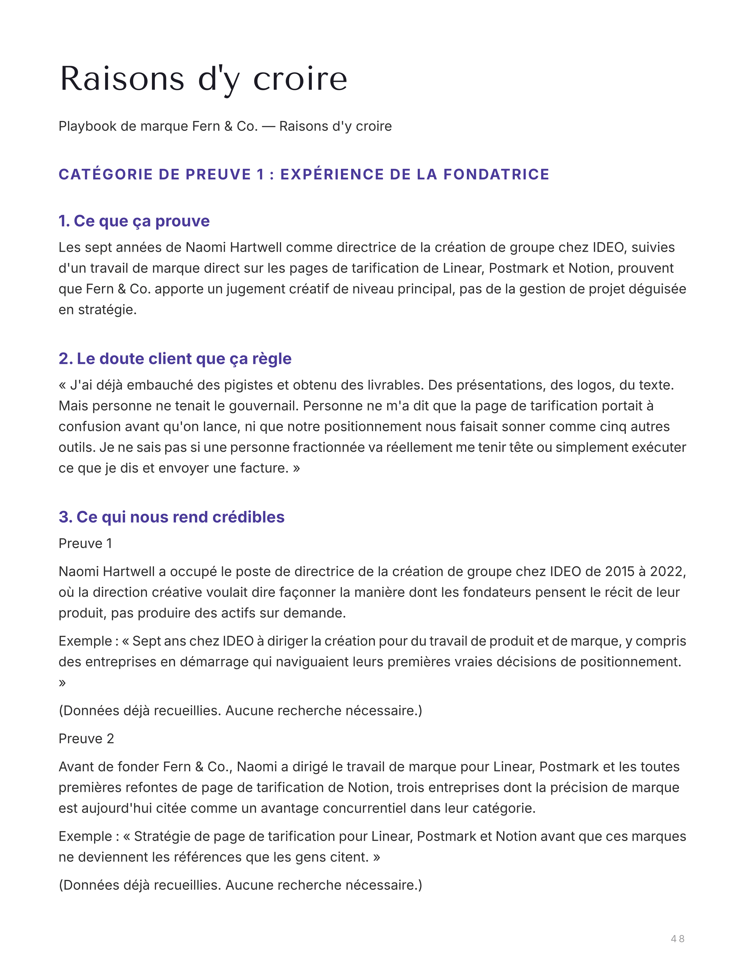 Section raisons d'y croire avec l'expérience de la fondatrice comme preuve