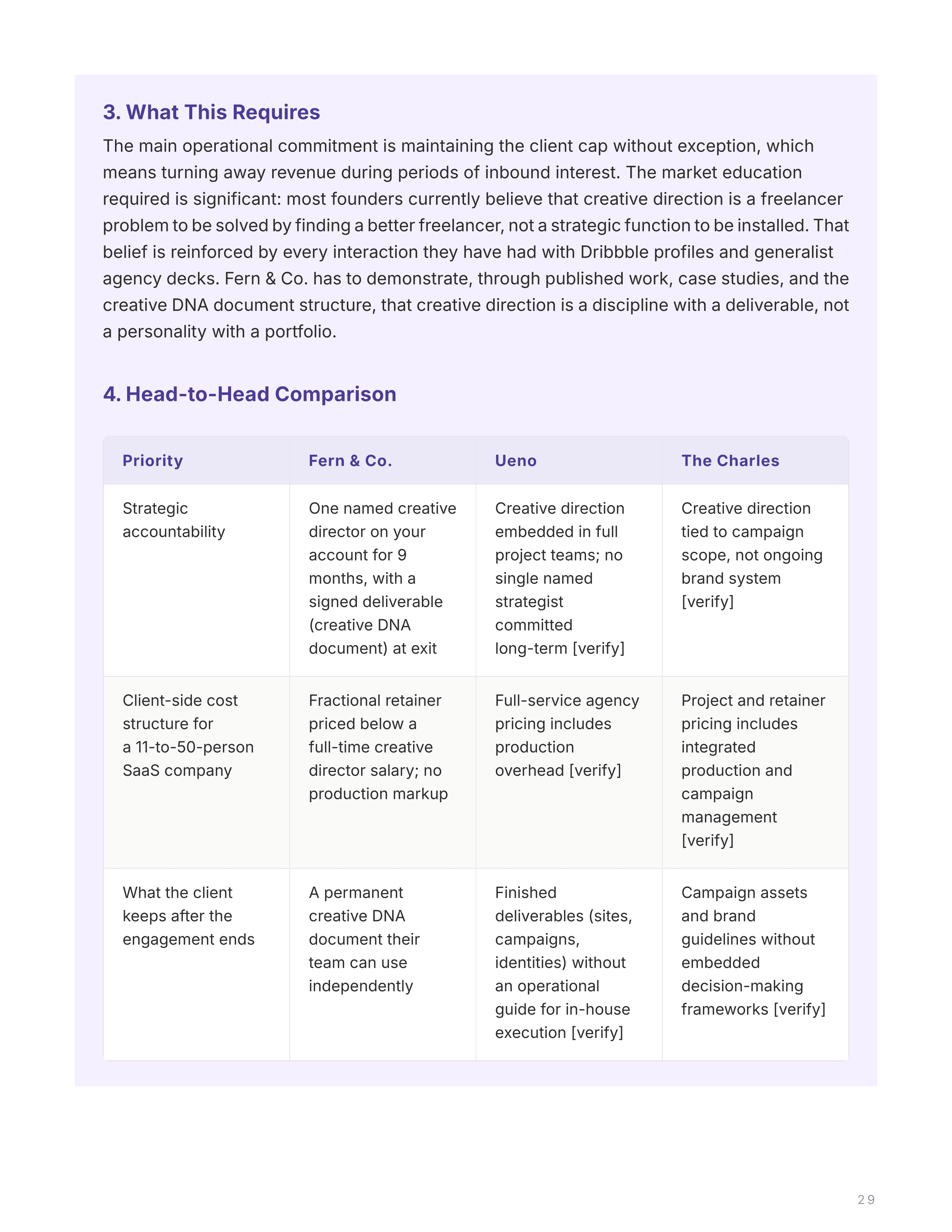 Positioning section with a head-to-head comparison table