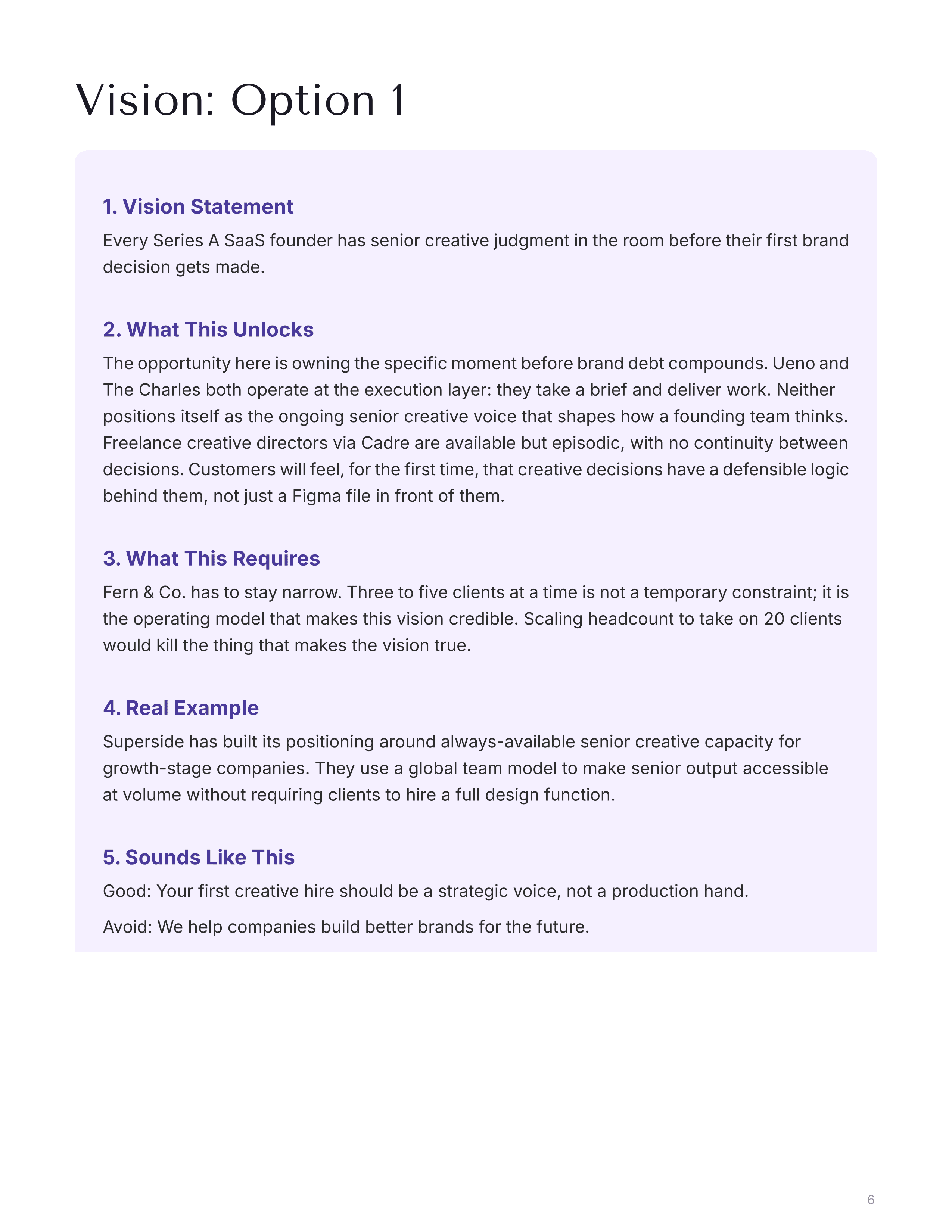 Vision section with statement, what it unlocks, and a real example